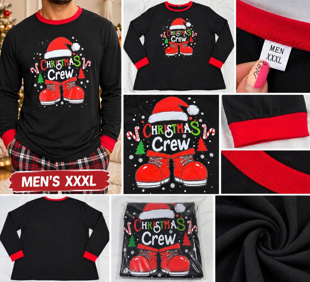 Men's 3XL Christmas Crew Long Sleeve Graphic Shirt Black Red Santa Holiday Tee